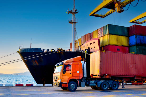 Global logistics network with cargo ship and container truck